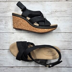 Clarks Wedge Sandal Women 7 Black Collection Jillian Pearl Cork Platform Strappy